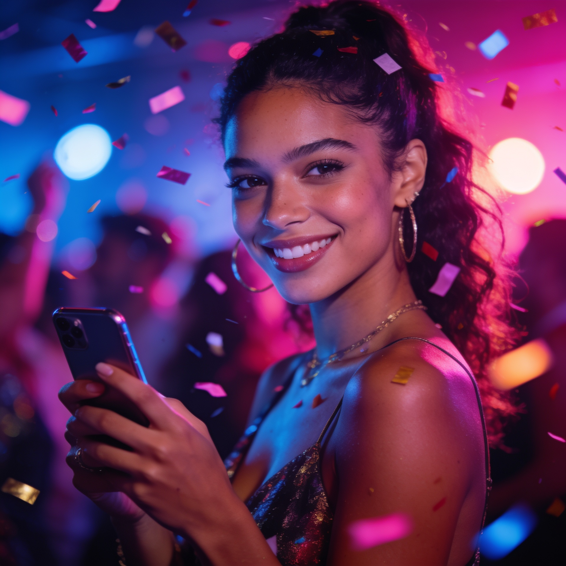 woman with long hair wearing headphones looking surprised while using a smartphone at night